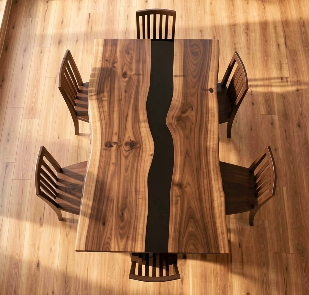 Custom Premium Rectangular Black Walnut Black Epoxy River Dining Table image 1