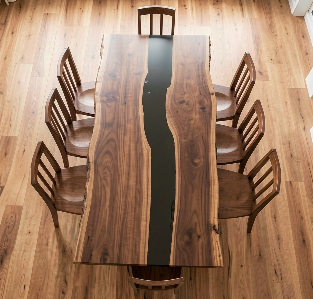 Custom Premium Rectangular Black Walnut Black Epoxy River Dining Table image 1