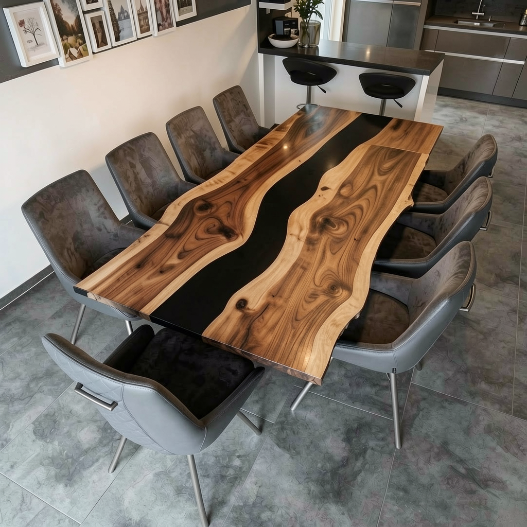 Custom Premium Rectangular Suar Wood Black Epoxy River Dining Table image 1