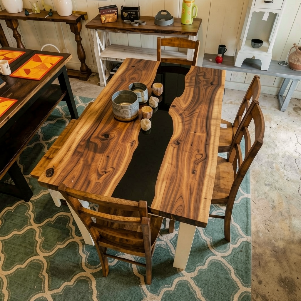 Custom Premium Rectangular Suar Wood Black Epoxy River Dining Table image 1