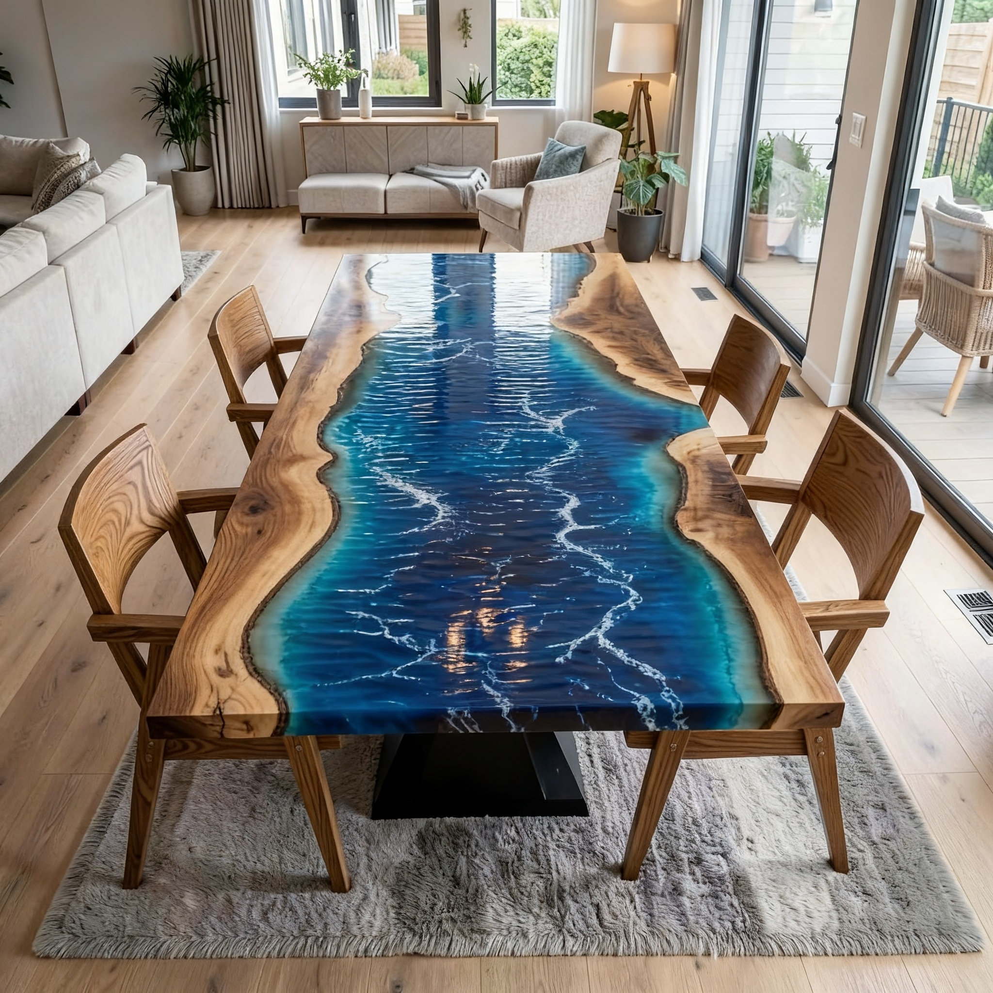 Custom Premium Rectangular Suar Wood Ocean Blue Epoxy River Dining Table image 1