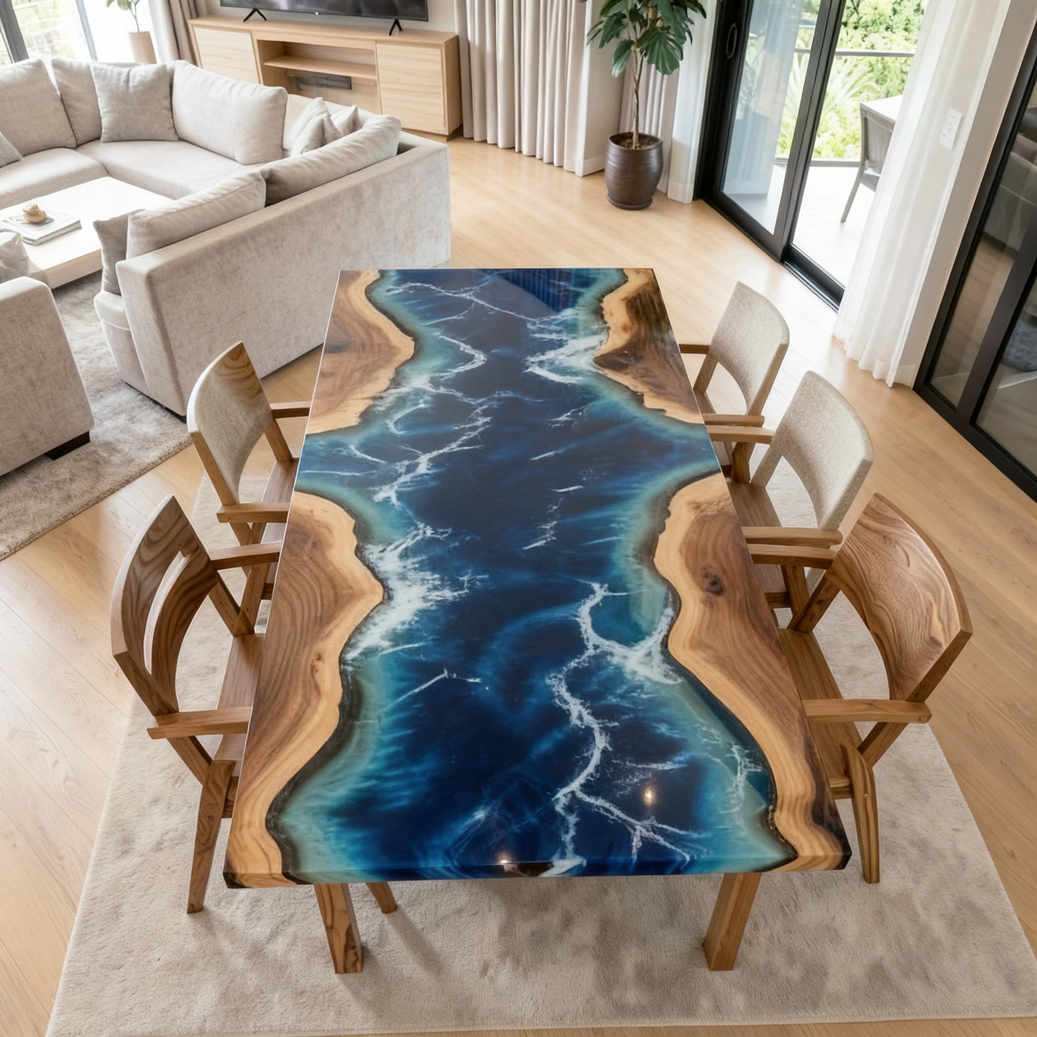 Custom Premium Rectangular Suar Wood Ocean Blue Epoxy River Dining Table image 1