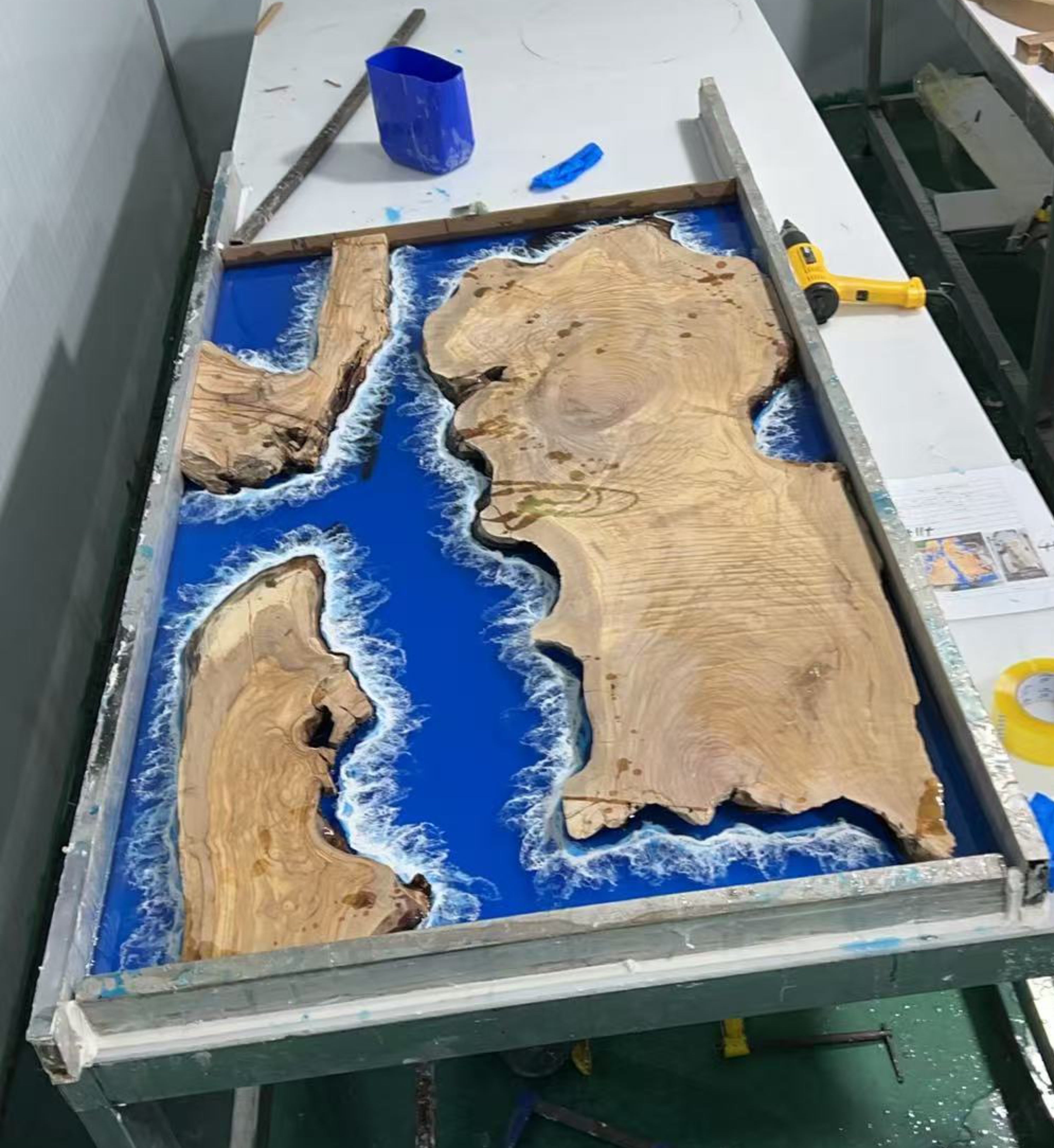 Custom Olive Epoxy Resin River Table Blue Waves ORT-27 - image 8 | ThawHome