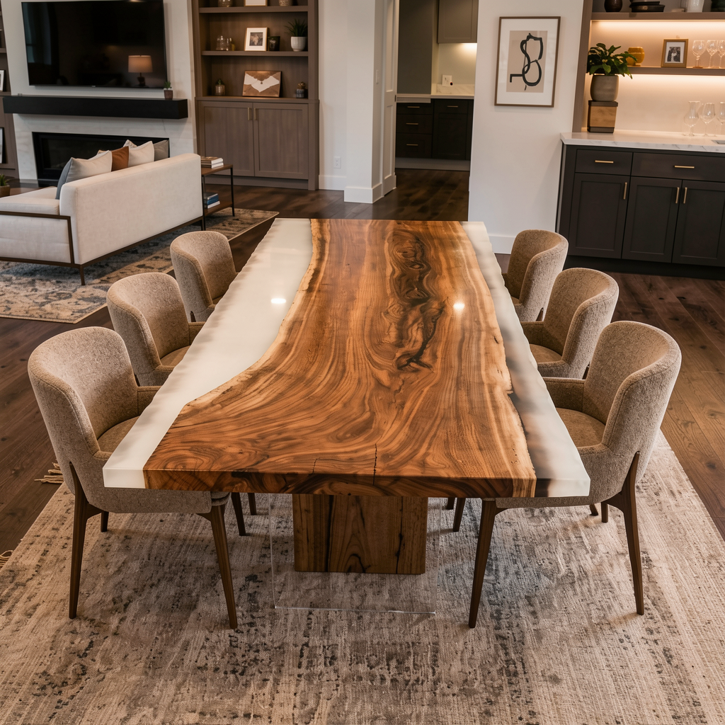 Black Walnut Wood with White Transparent Epoxy Resin Dining Table 31.5"W x 86.6"L Thickness 1.2"
