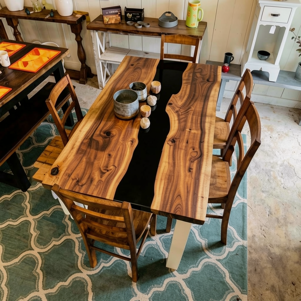 Custom Premium Rectangular Suar Wood Black Epoxy River Dining Table image 4
