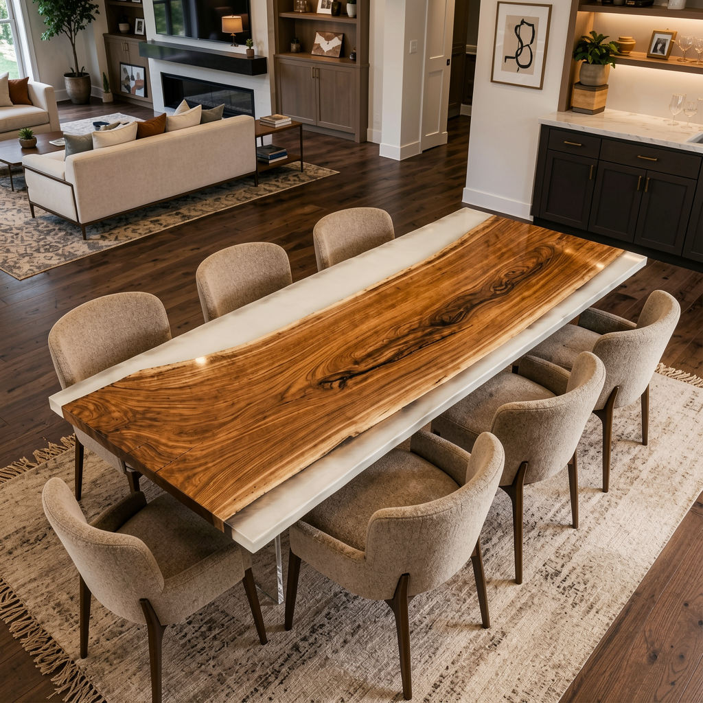 Black Walnut Wood with White Transparent Epoxy Resin Dining Table 31.5"W x 86.6"L Thickness 1.2"