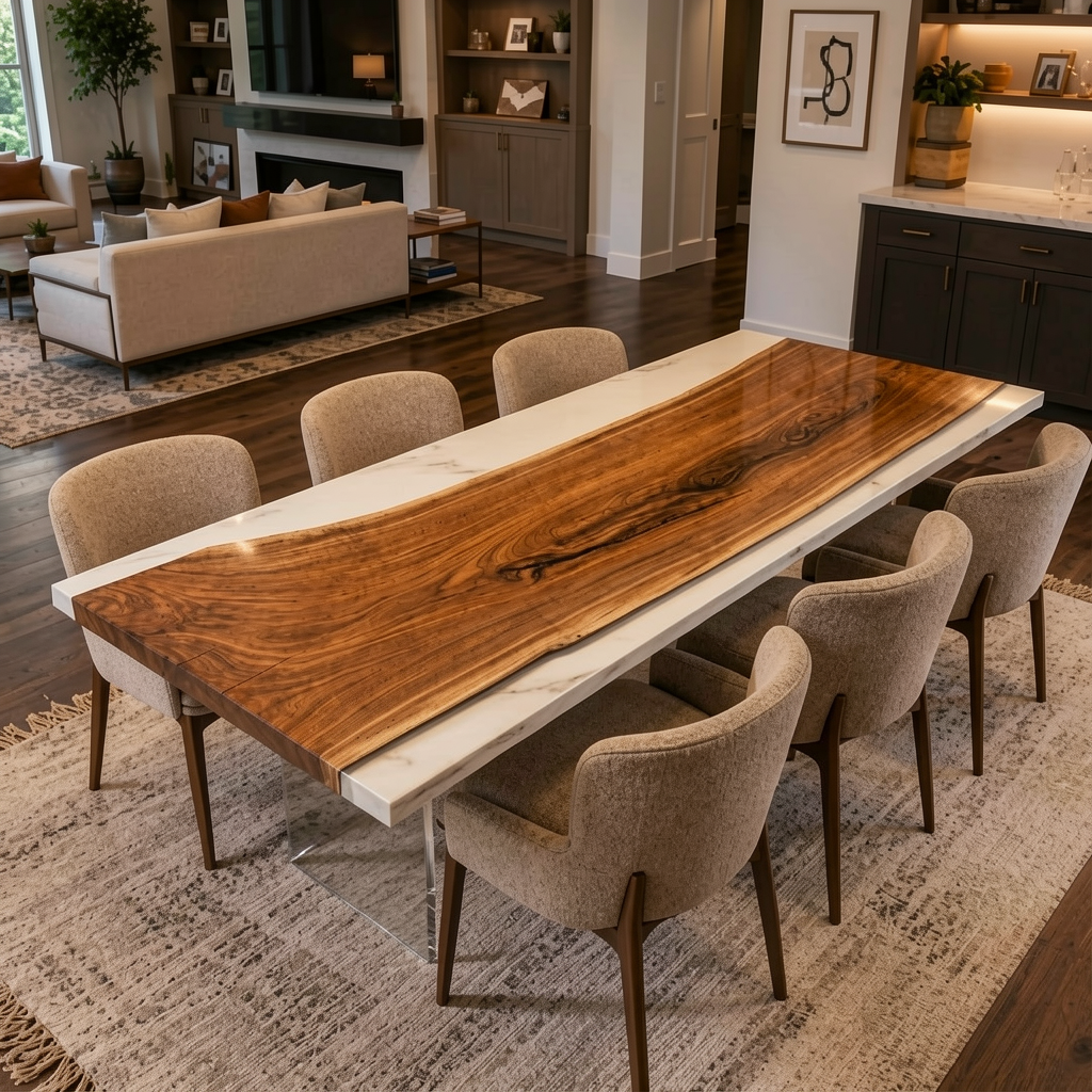 Black Walnut Wood with White Transparent Epoxy Resin Dining Table 31.5"W x 86.6"L Thickness 1.2"