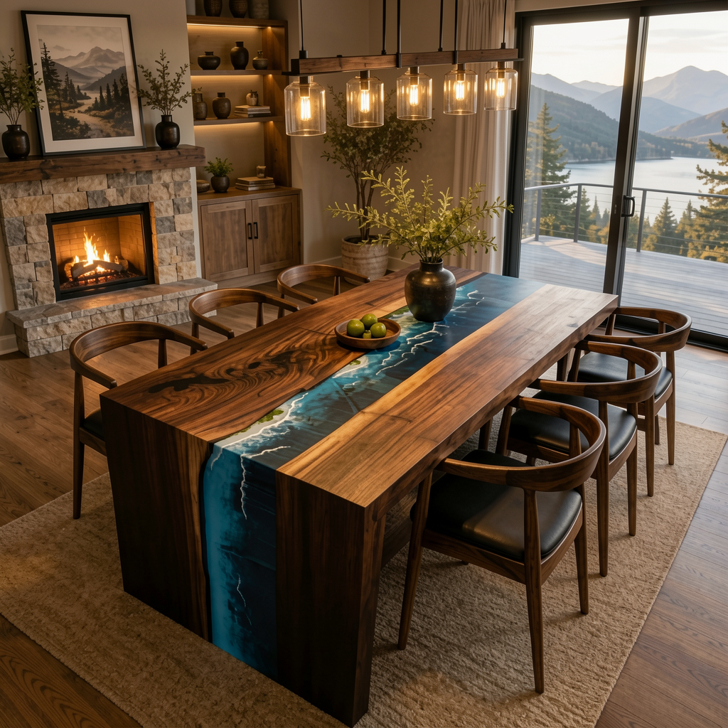 Walnut Ocean Wave Epoxy Waterfall Dining Table 84″ x 40″ x 30″H