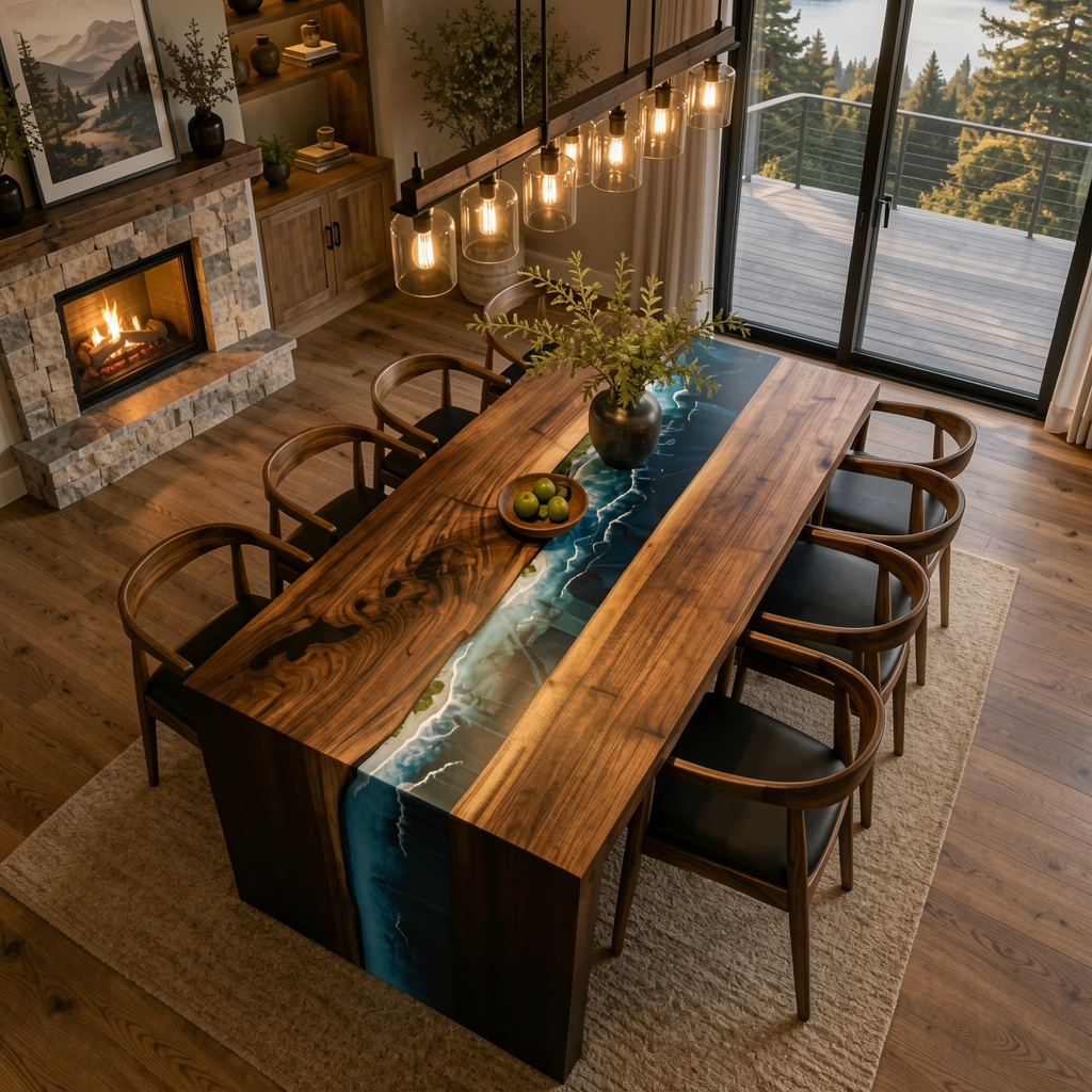 Walnut Ocean Wave Epoxy Waterfall Dining Table 84″ x 40″ x 30″H