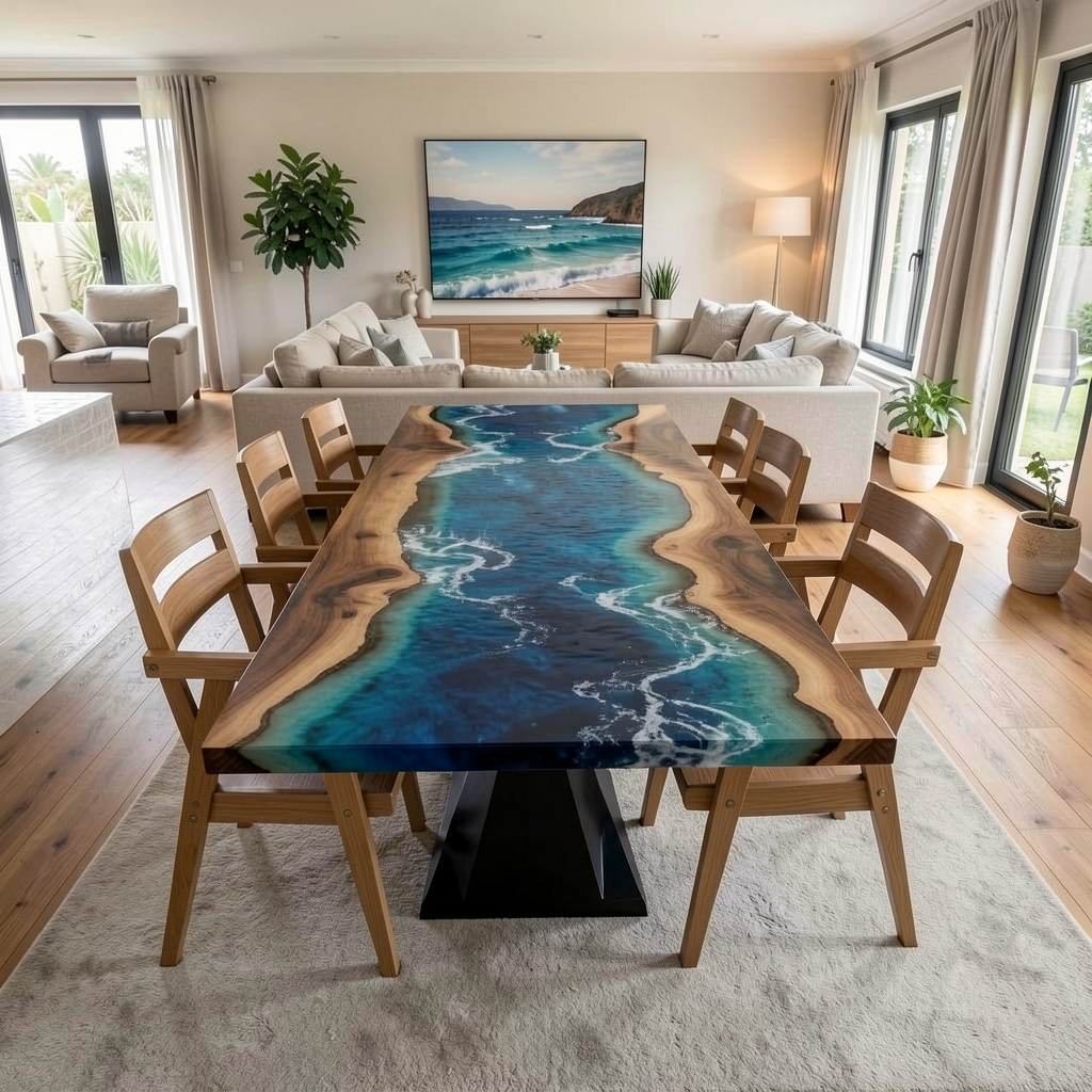 Custom Premium Rectangular Suar Wood Ocean Blue Epoxy River Dining Table image 2