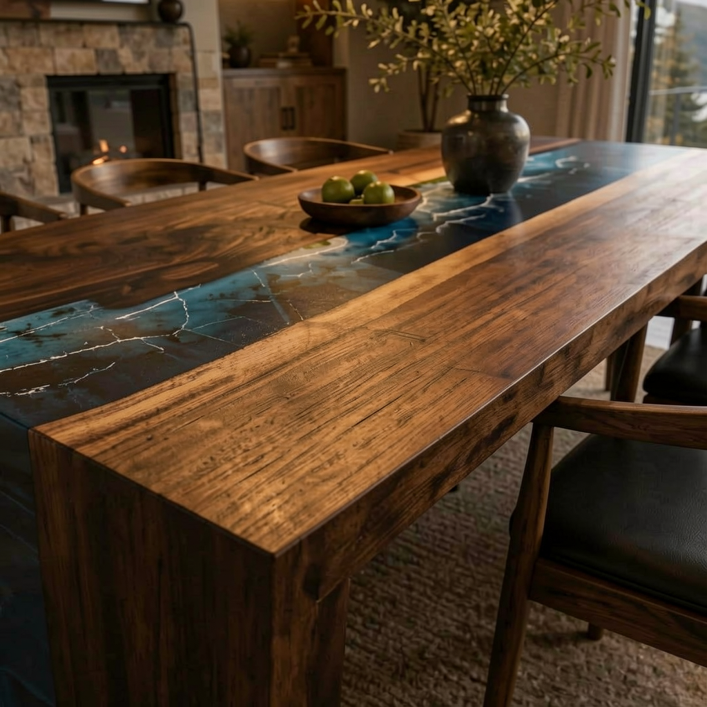 Walnut Ocean Wave Epoxy Waterfall Dining Table 84″ x 40″ x 30″H