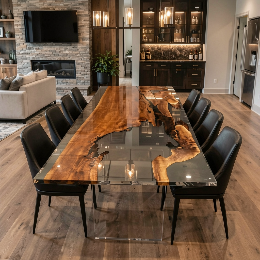 Black Walnut Wood with Black Transparent Epoxy Resin Dining Table 39.4"W x 137.8"L Thickness 2.4"