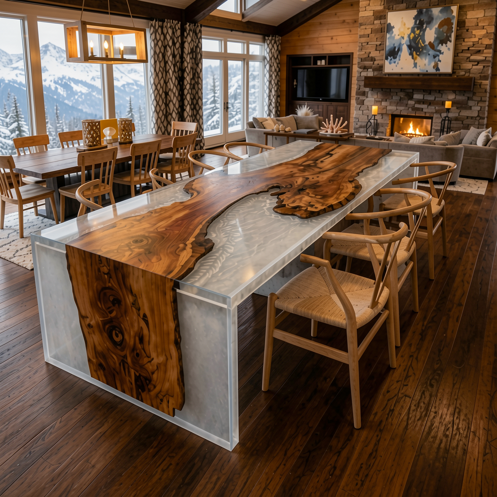 Waterfall Epoxy Dining Table – Live Edge Olive Wood Pearl White Resin Table (96″ x 42″ x 30″)