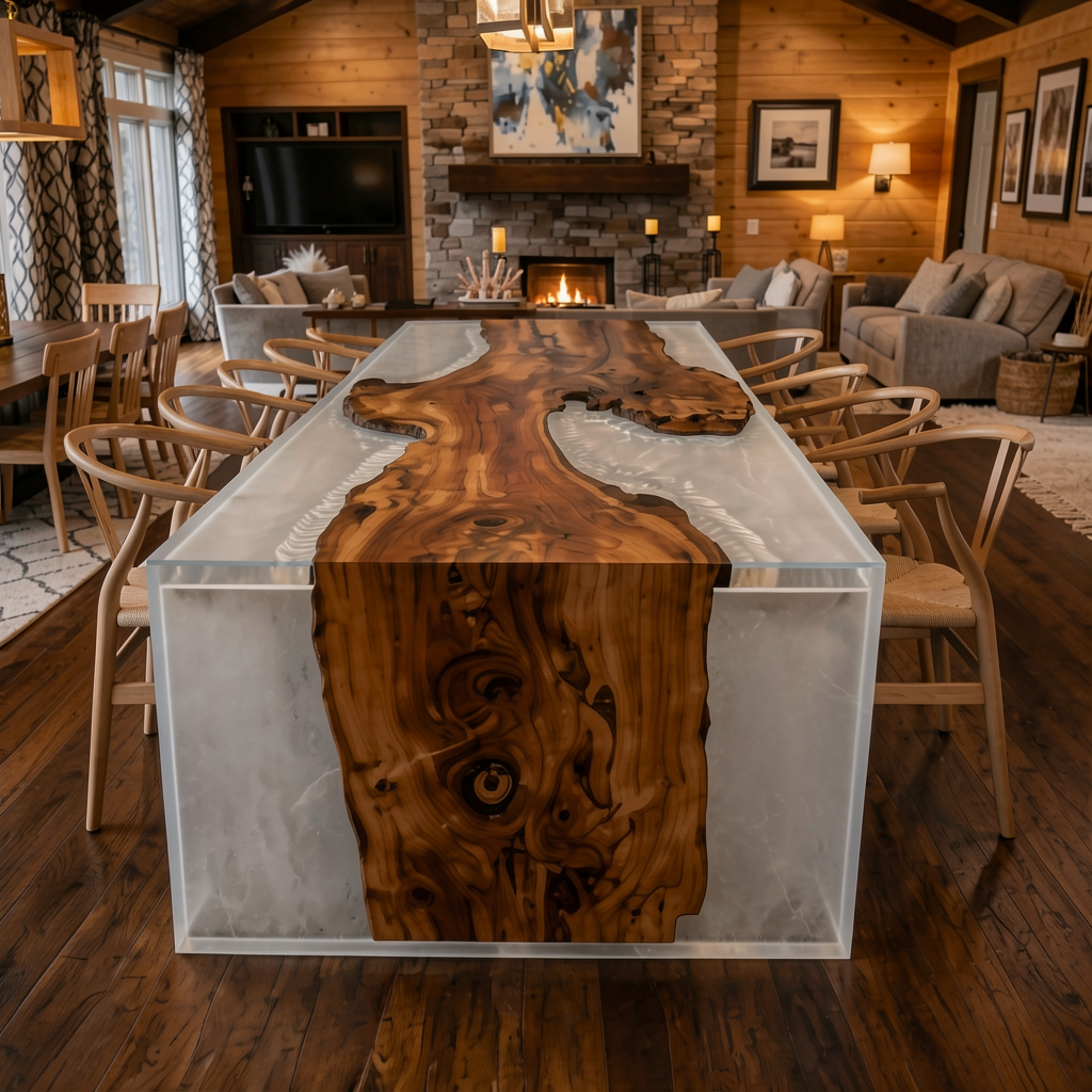 Waterfall Epoxy Dining Table – Live Edge Olive Wood Pearl White Resin Table (96″ x 42″ x 30″)