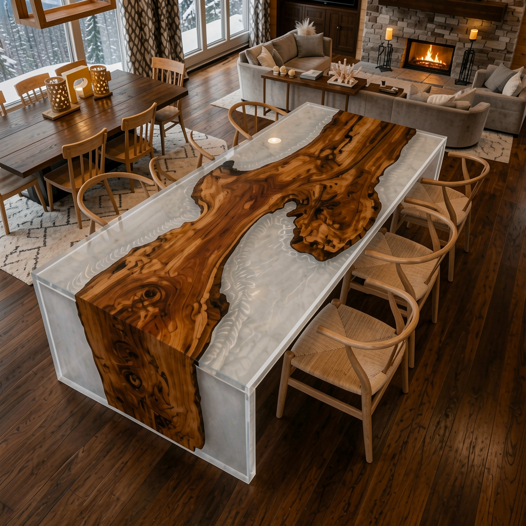 Waterfall Epoxy Dining Table – Live Edge Olive Wood Pearl White Resin Table (96″ x 42″ x 30″)