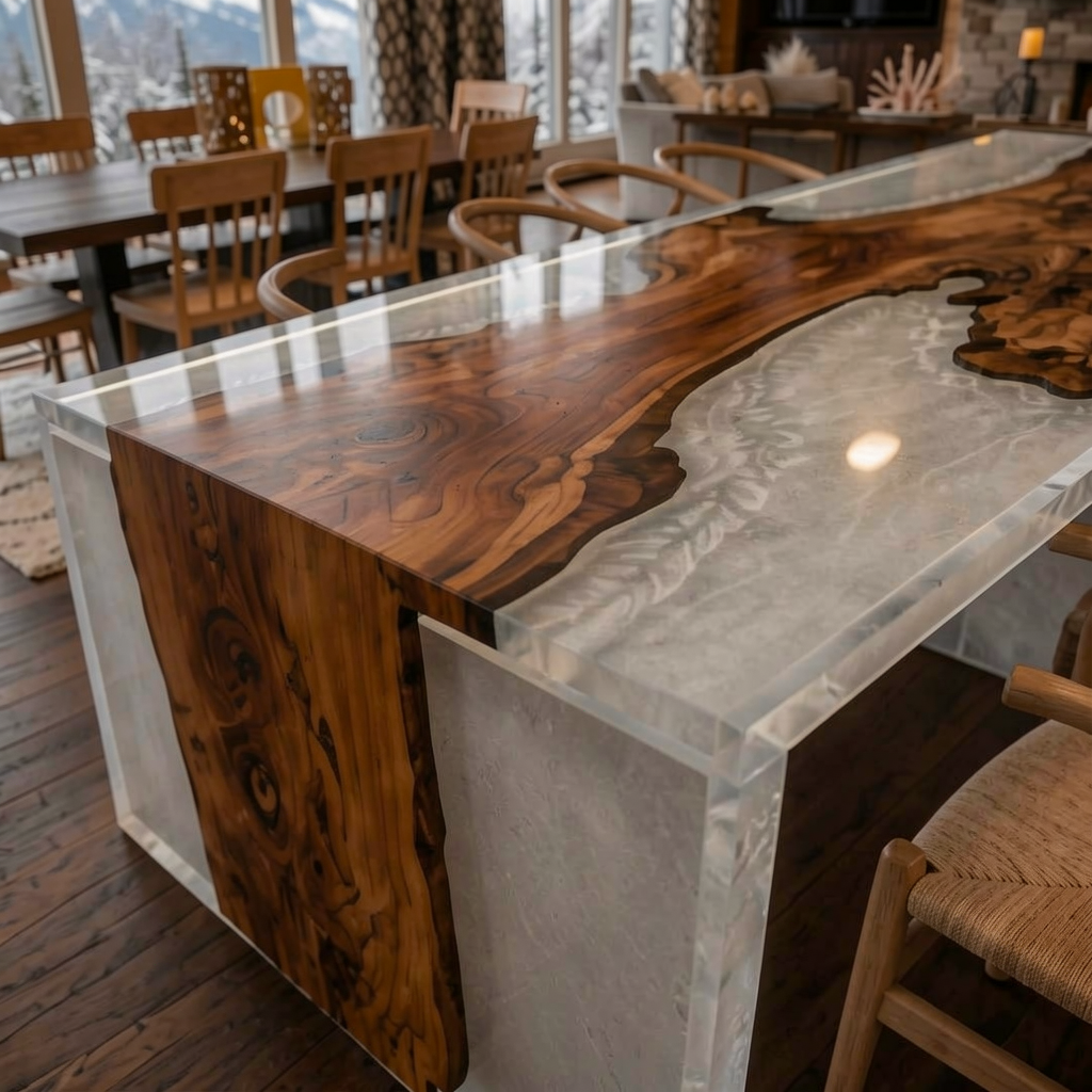 Waterfall Epoxy Dining Table – Live Edge Olive Wood Pearl White Resin Table (96″ x 42″ x 30″)