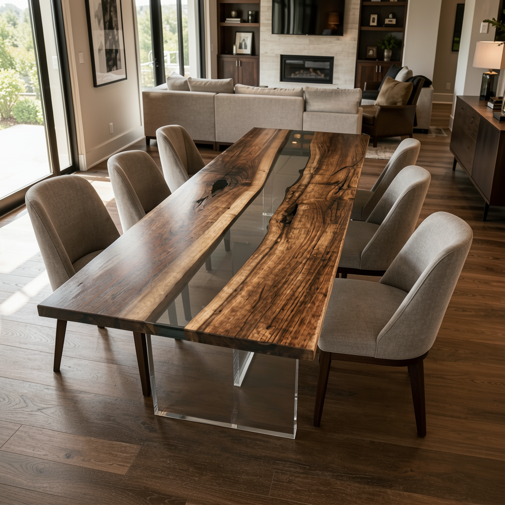 Black Walnut Wood with Transparent Epoxy Resin Dining Table 31.5"W x 78.7"L Thickness 1.6"