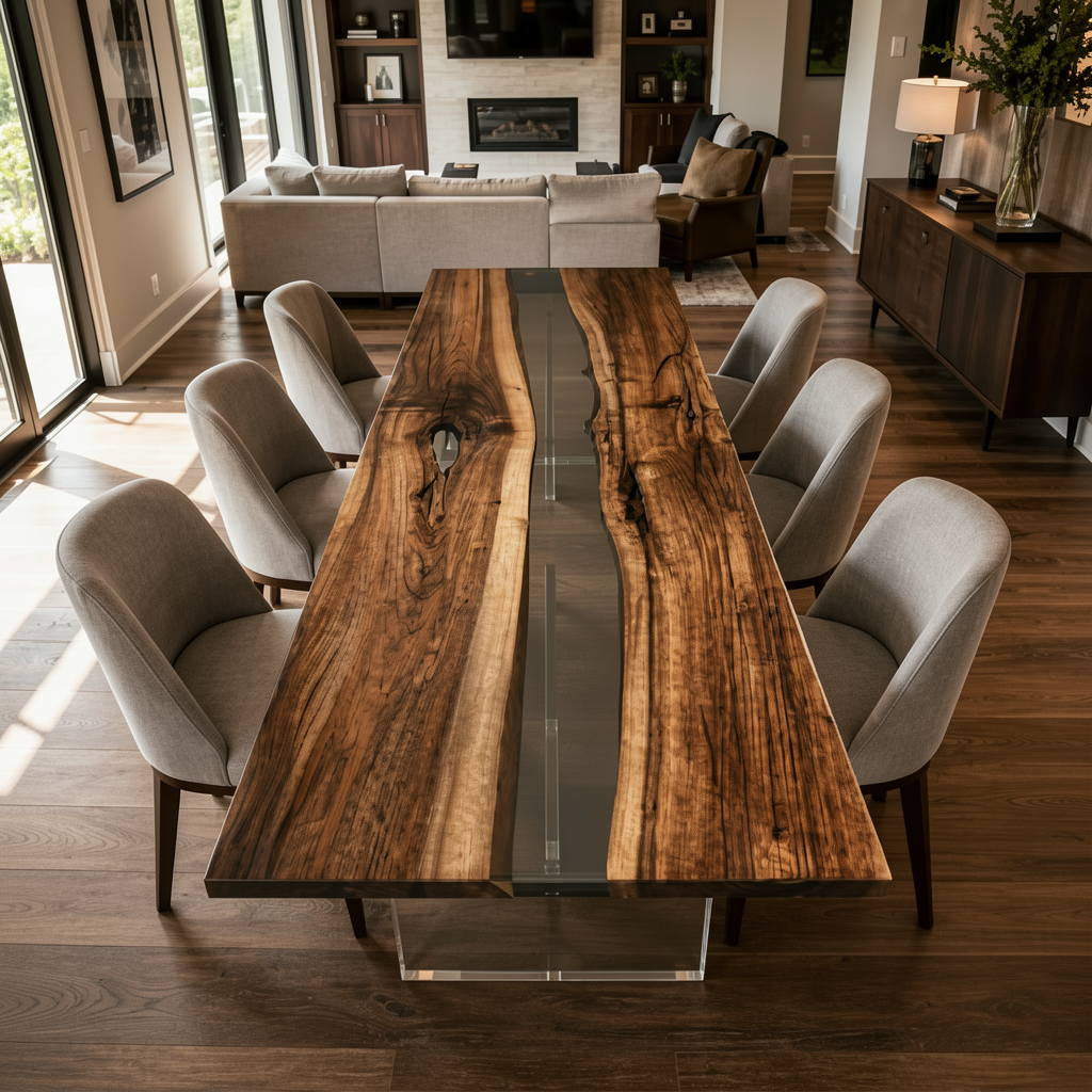 Black Walnut Wood with Transparent Epoxy Resin Dining Table 31.5"W x 78.7"L Thickness 1.6"