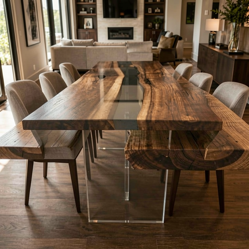 Black Walnut Wood with Transparent Epoxy Resin Dining Table 31.5"W x 78.7"L Thickness 1.6"