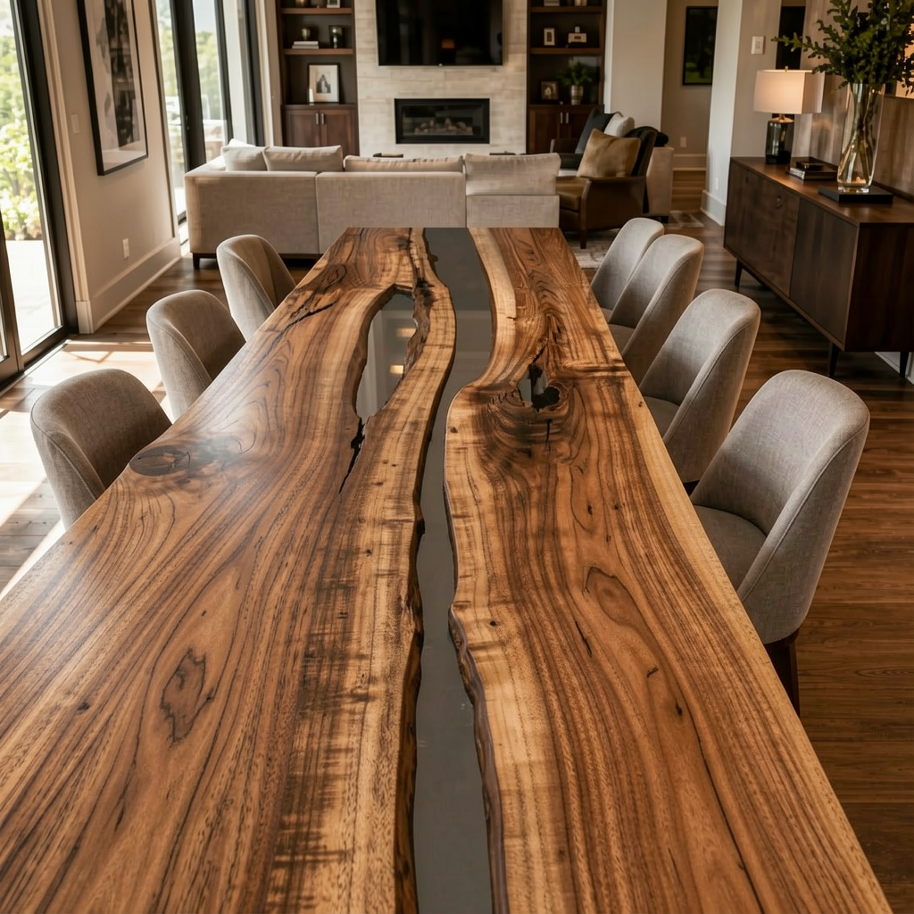 Black Walnut Wood with Transparent Epoxy Resin Dining Table 31.5"W x 78.7"L Thickness 1.6"
