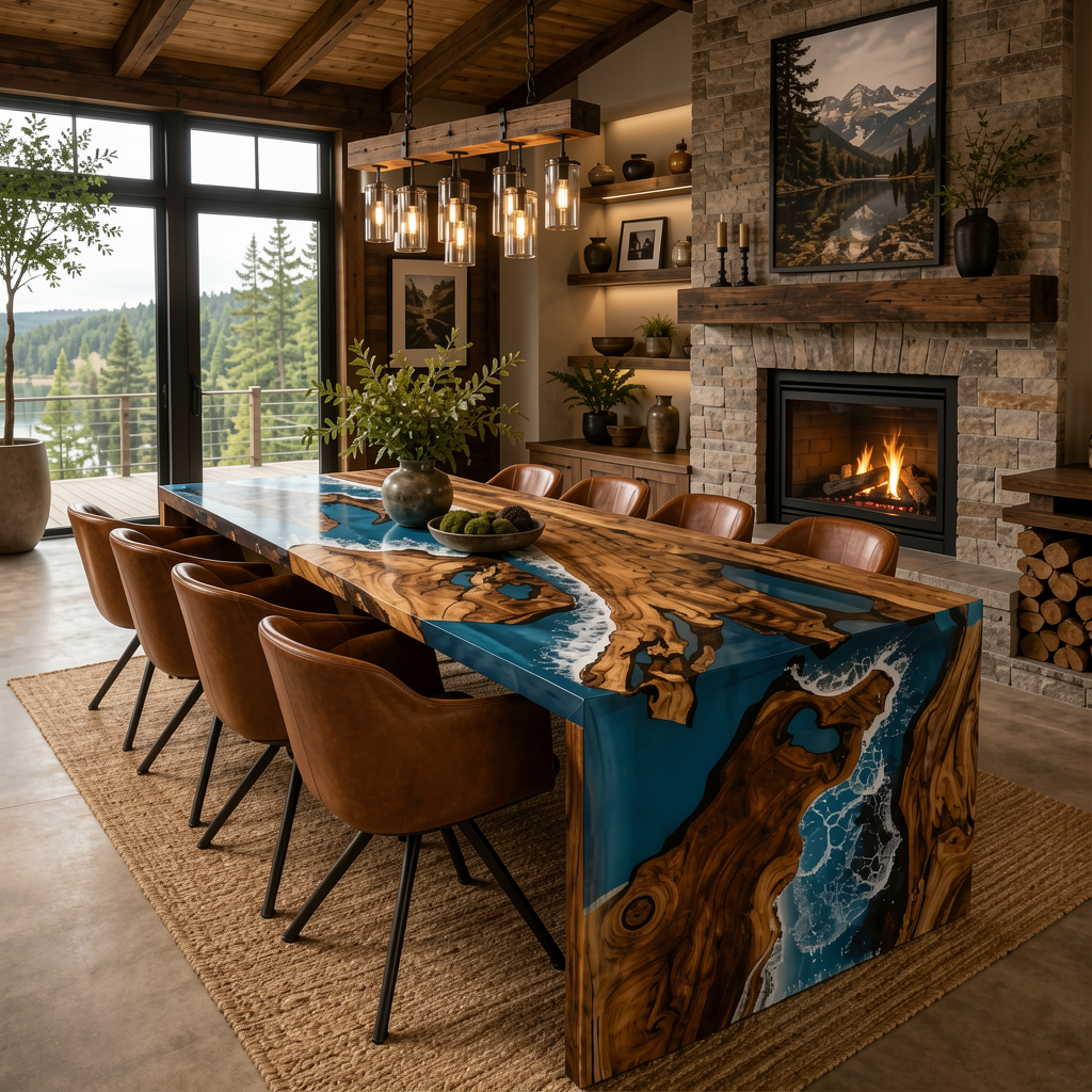 Waterfall Epoxy Dining Table – Coastal River Resin & Live Edge Walnut Table 108″ x 44″ x 30″