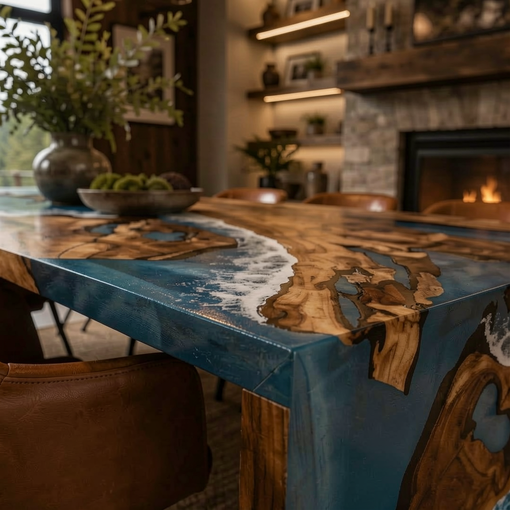 Waterfall Epoxy Dining Table – Coastal River Resin & Live Edge Walnut Table 108″ x 44″ x 30″