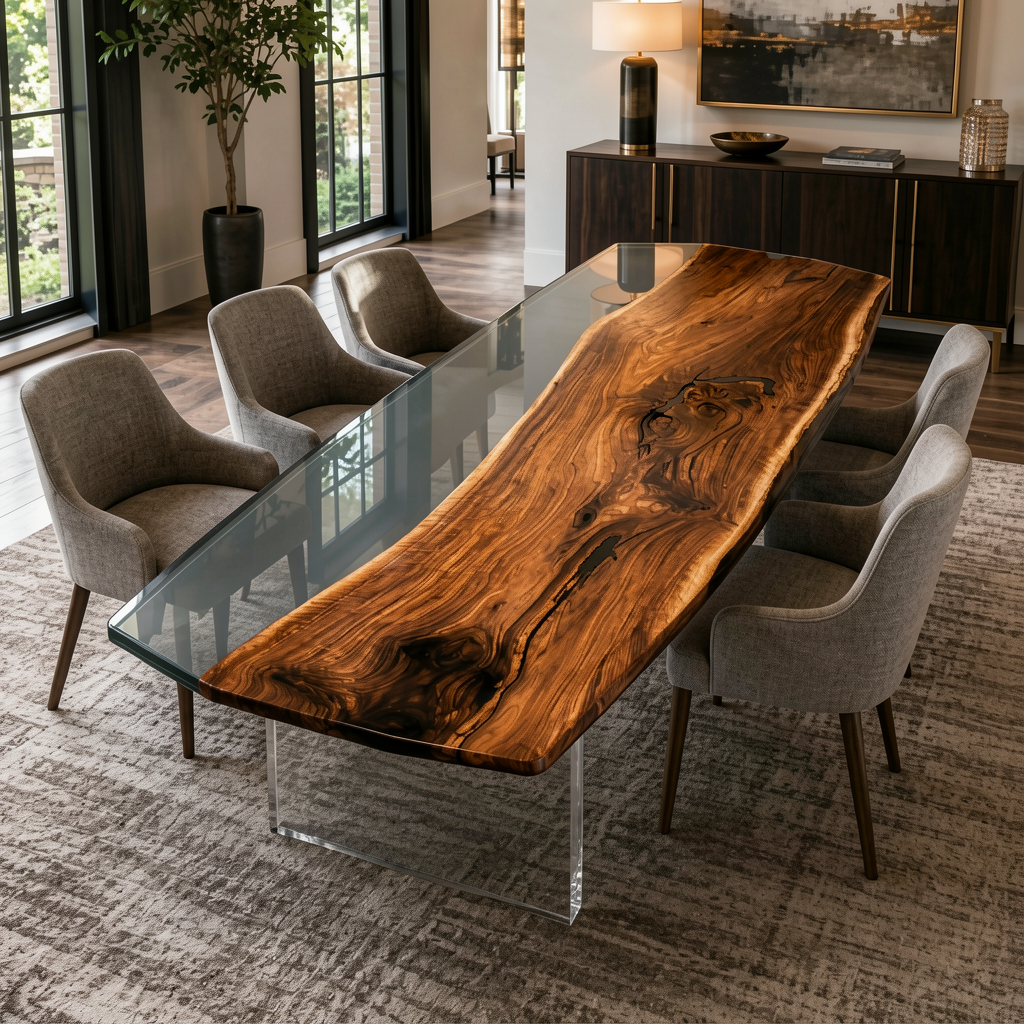 Black Walnut Wood with Black Transparent Epoxy Resin Dining Table 39.4"W x 94.5"L Thickness 2.4"