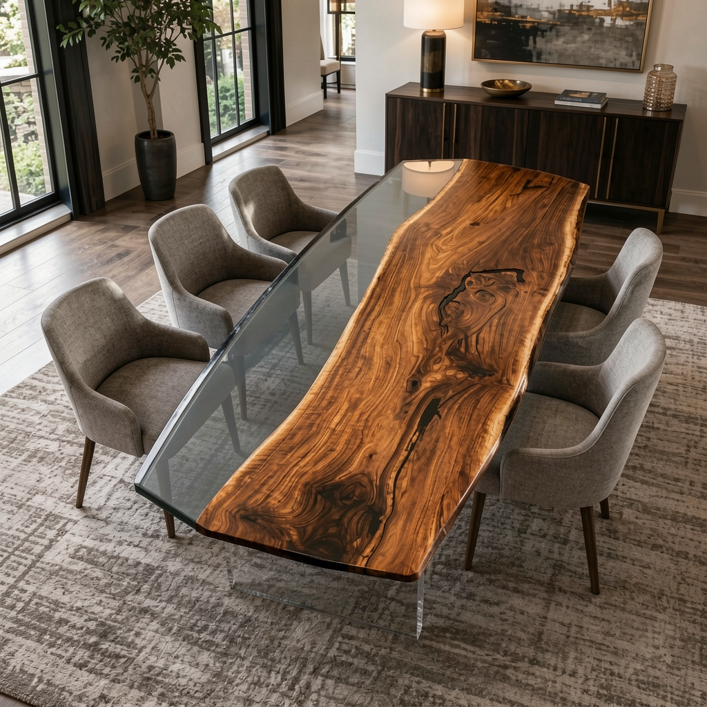 Black Walnut Wood with Black Transparent Epoxy Resin Dining Table 39.4"W x 94.5"L Thickness 2.4"