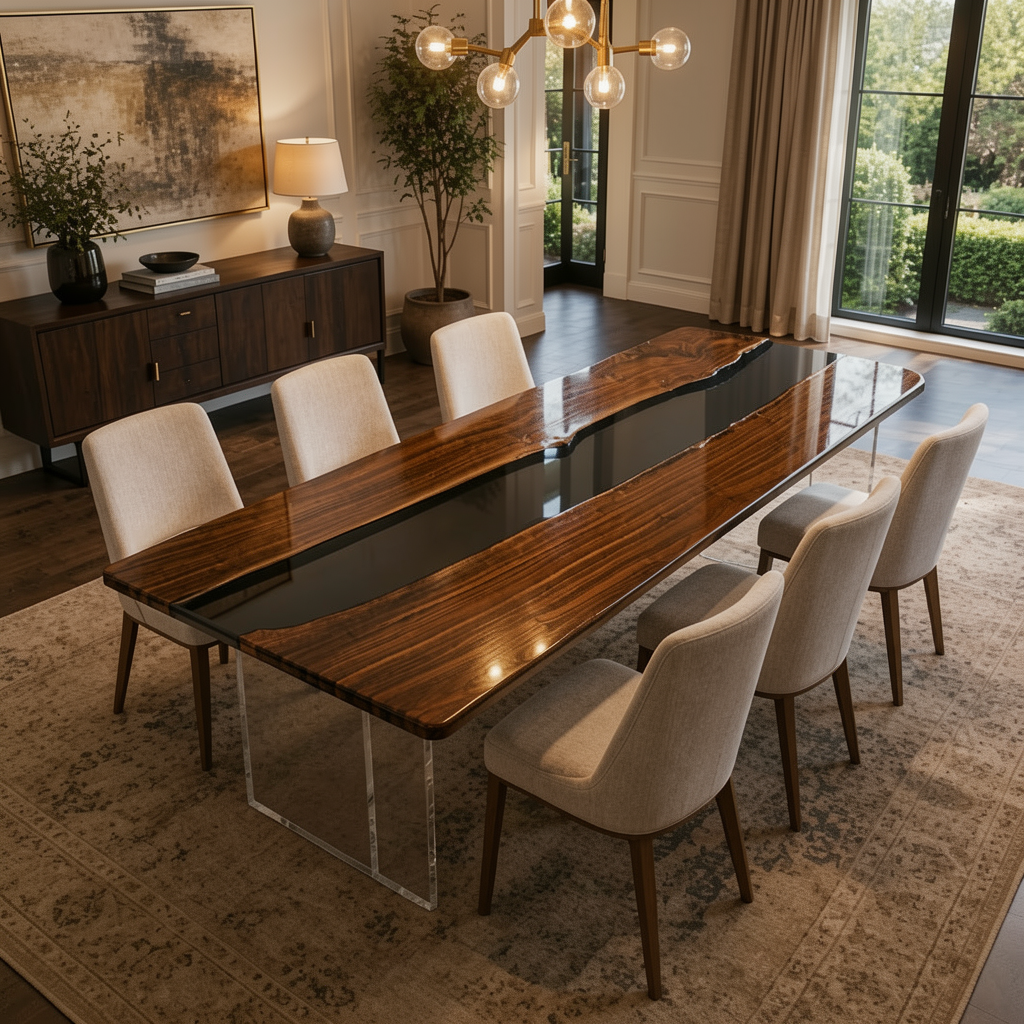 Black Walnut Wood with Transparent Epoxy Resin Dining Table 31.5"W x 78.7"L Thickness 2.0"