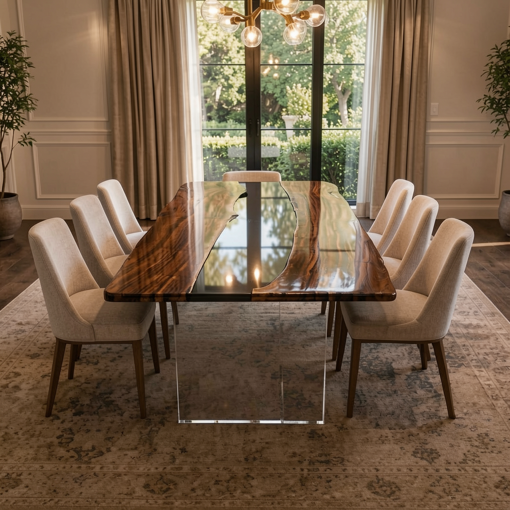 Black Walnut Wood with Transparent Epoxy Resin Dining Table 31.5"W x 78.7"L Thickness 2.0"