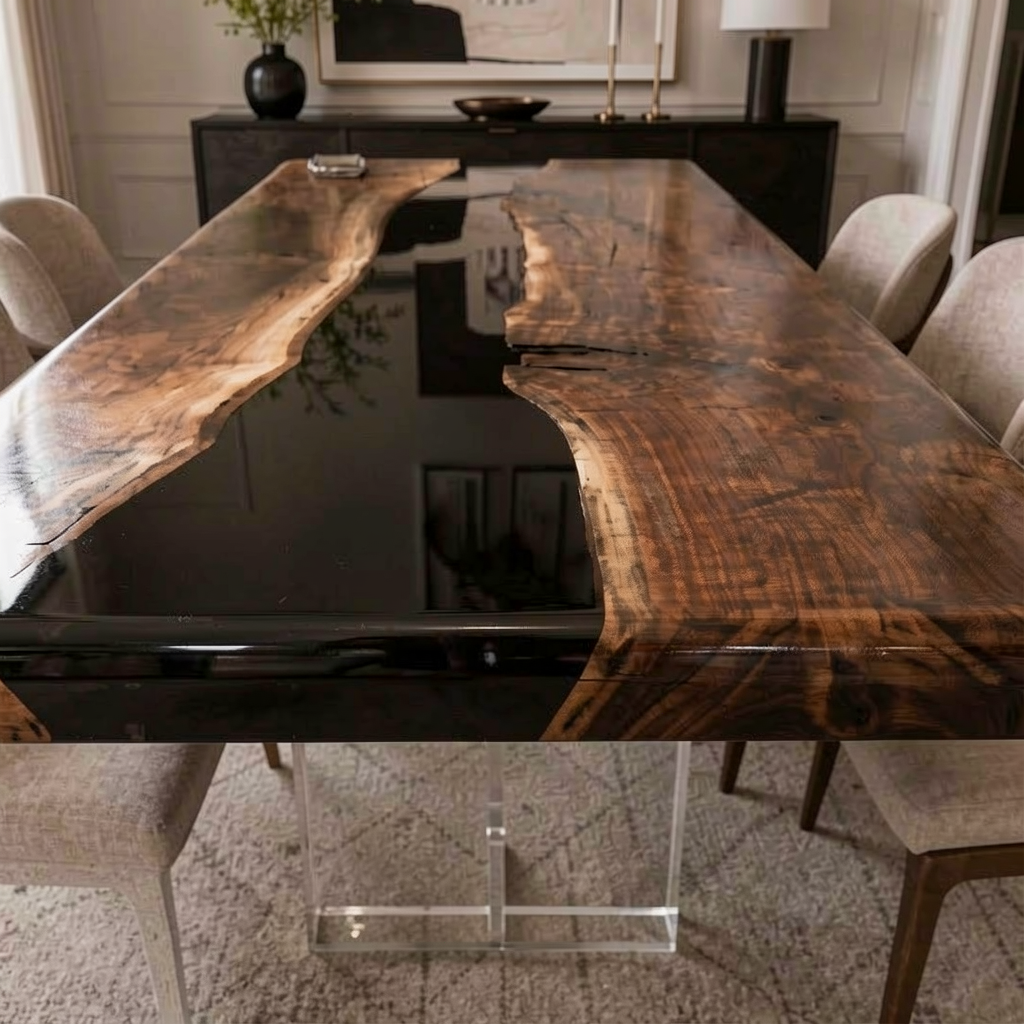 Black Walnut with Black Epoxy Resin Dining Table 31.5"W x 70.9"L Thickness 2.0"
