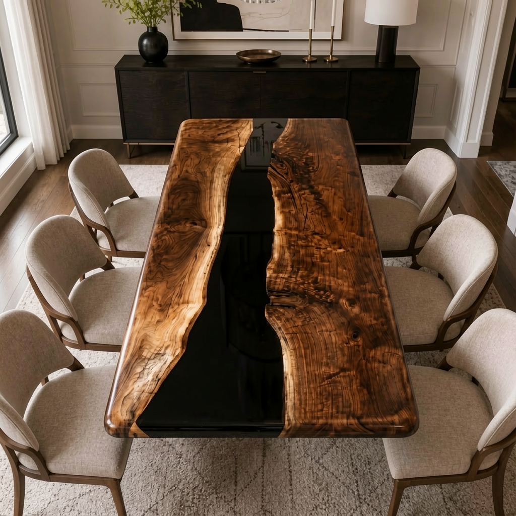 Black Walnut with Black Epoxy Resin Dining Table 31.5"W x 70.9"L Thickness 2.0"