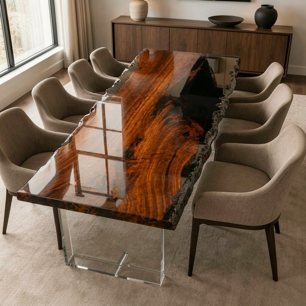 Black Walnut Wood Crystal Edge Transparent Epoxy Resin Dining Table 35.4"W x 74.8"L Thickness 2.0"