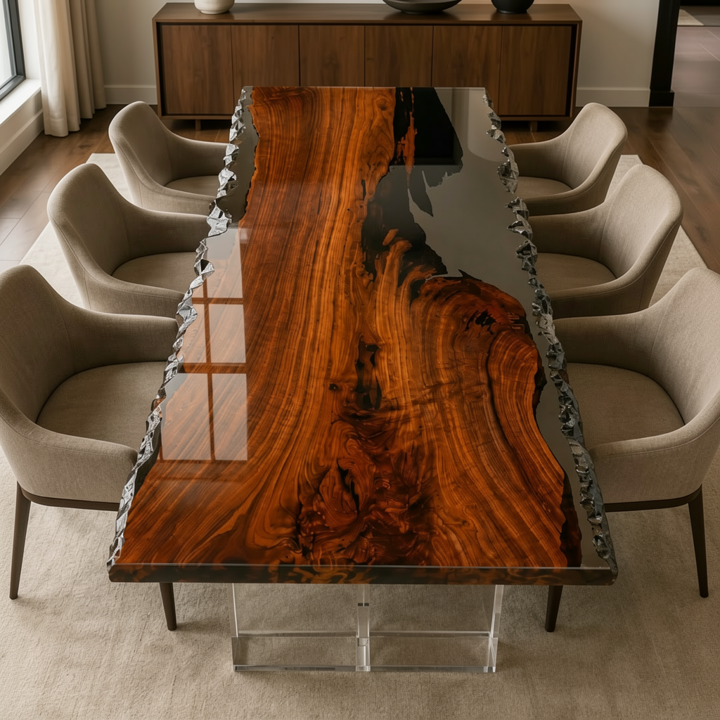 Black Walnut Wood Crystal Edge Transparent Epoxy Resin Dining Table 35.4"W x 74.8"L Thickness 2.0"