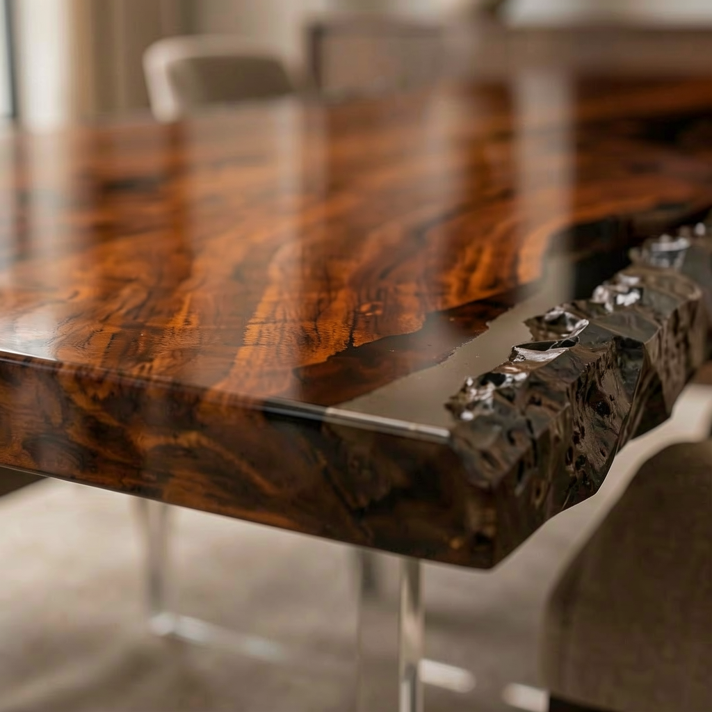 Black Walnut Wood Crystal Edge Transparent Epoxy Resin Dining Table 35.4"W x 74.8"L Thickness 2.0"