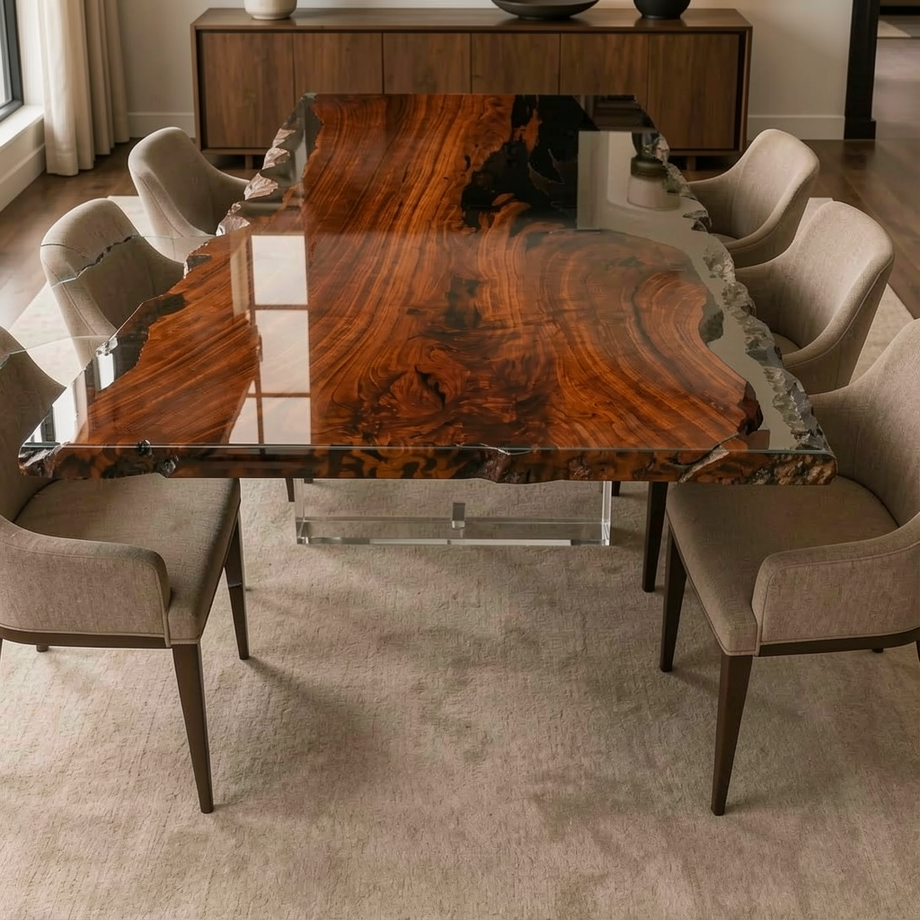 Black Walnut Wood Crystal Edge Transparent Epoxy Resin Dining Table 35.4"W x 74.8"L Thickness 2.0"