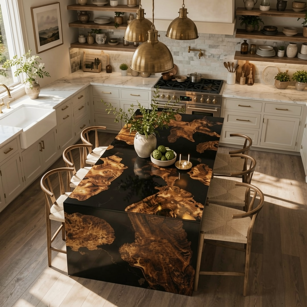Waterfall Epoxy Dining Table – Burl Wood & Black Resin Statement Table 60″ x 30″ x 30″