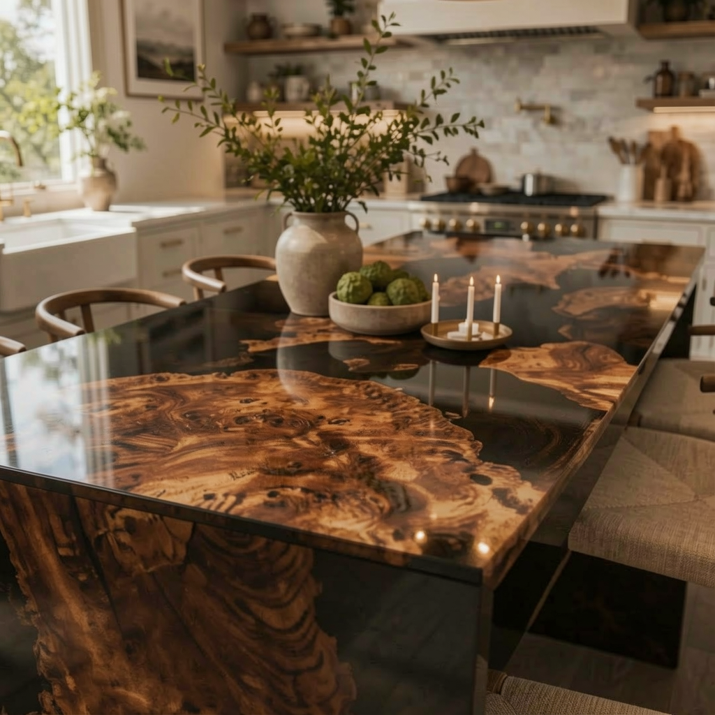 Waterfall Epoxy Dining Table – Burl Wood & Black Resin Statement Table 60″ x 30″ x 30″
