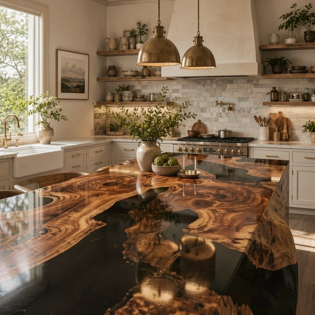 Waterfall Epoxy Dining Table – Burl Wood & Black Resin Statement Table 60″ x 30″ x 30″