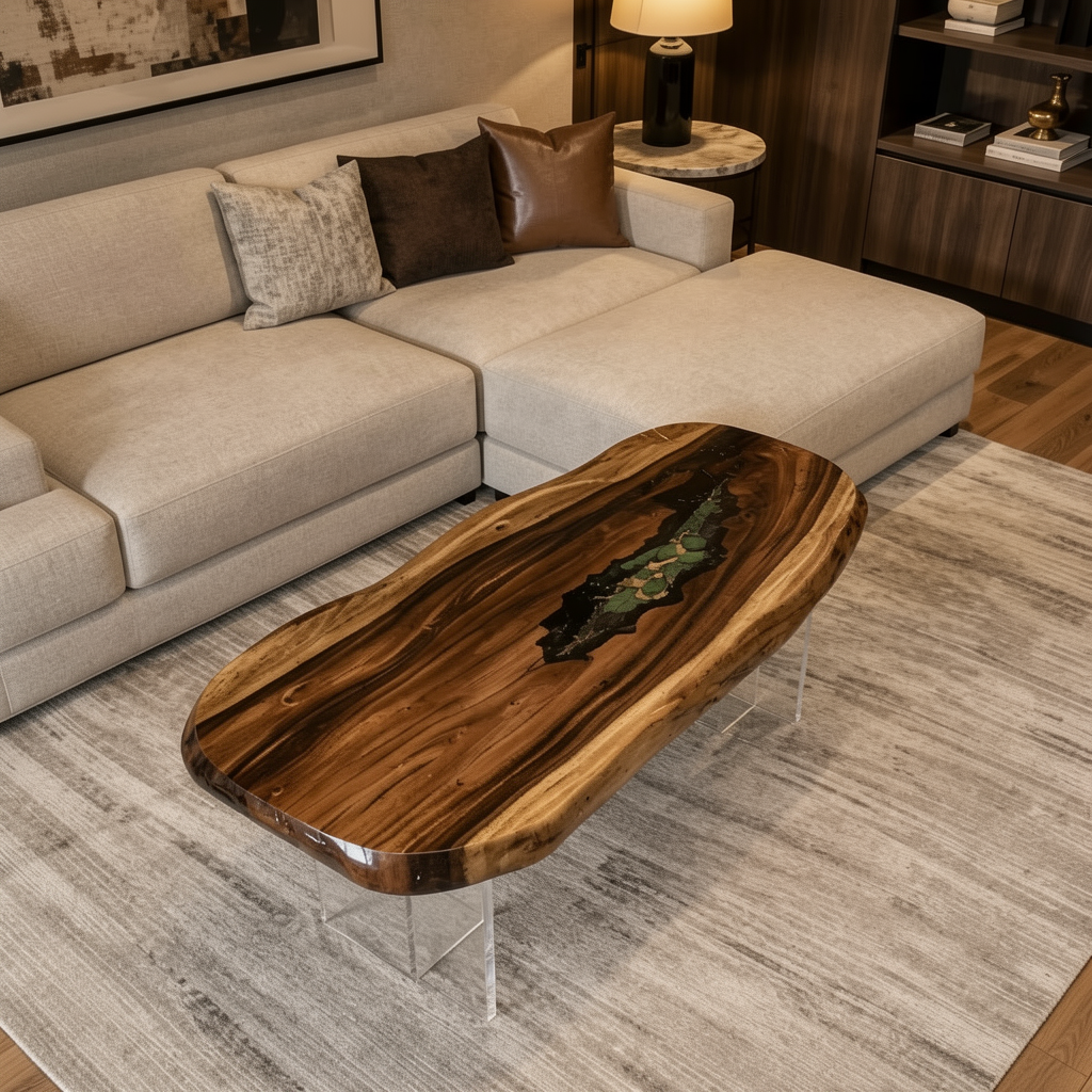 Walnut Wood Natural Slab Greenery Resin Table 30“W x 63"L