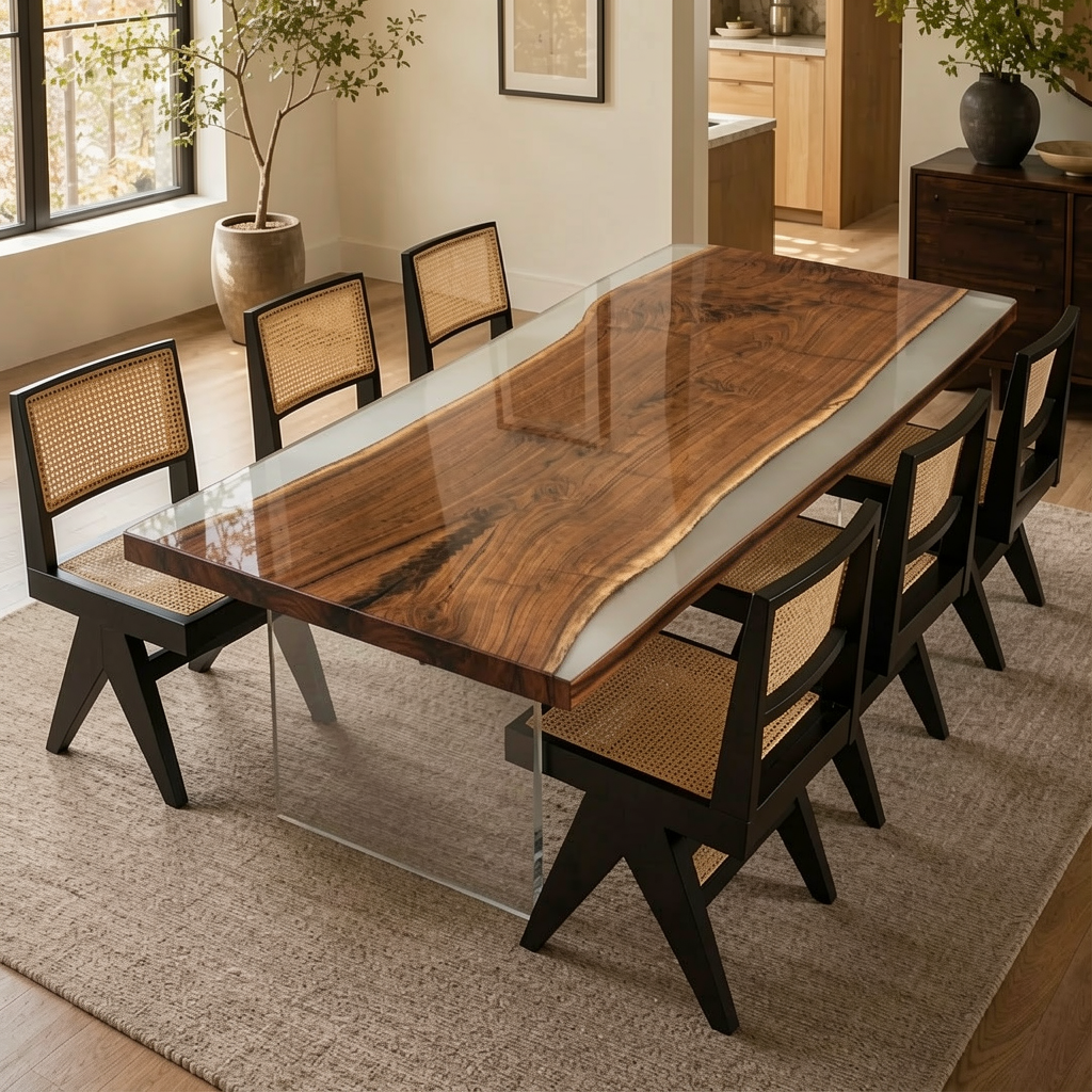 Black Walnut Wood with White Transparent Epoxy Resin Dining Table 35.4"W x 94.5"L Thickness 2.0"