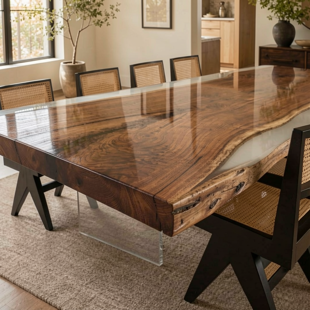 Black Walnut Wood with White Transparent Epoxy Resin Dining Table 35.4"W x 94.5"L Thickness 2.0"