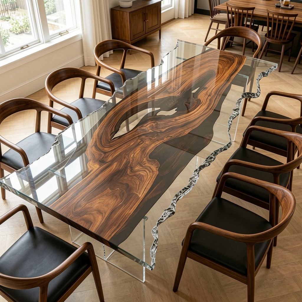 Black Walnut Wood with Clear Epoxy Resin Dining Table 78.7" L × 35.4" W Thickness 2"