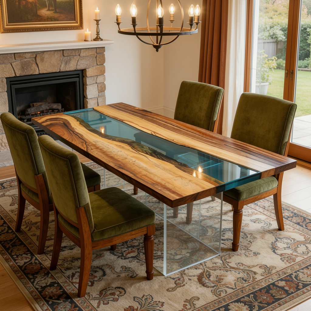 Walnut Wood Transparent Blue Epoxy Dining Table 30"W x 93"L Thickness 1.8"