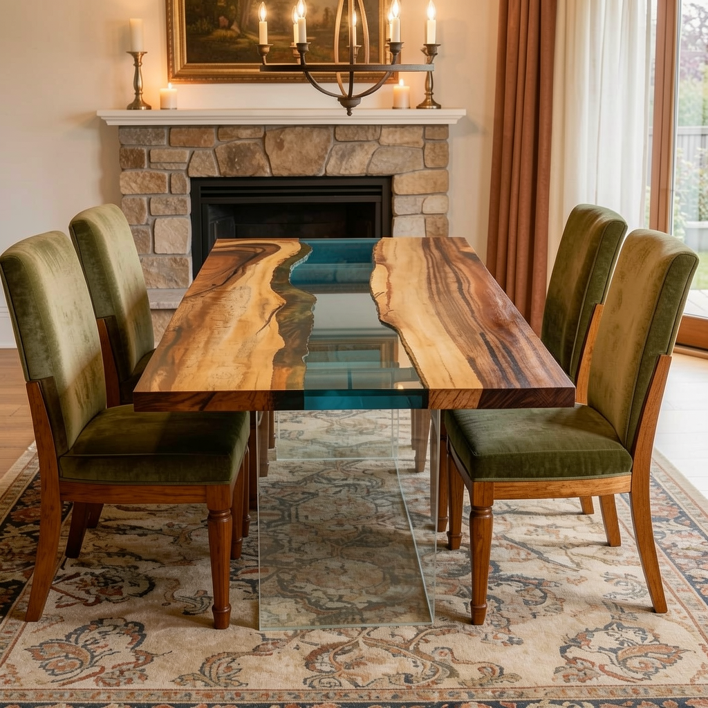 Walnut Wood Transparent Blue Epoxy Dining Table 30"W x 93"L Thickness 1.8"