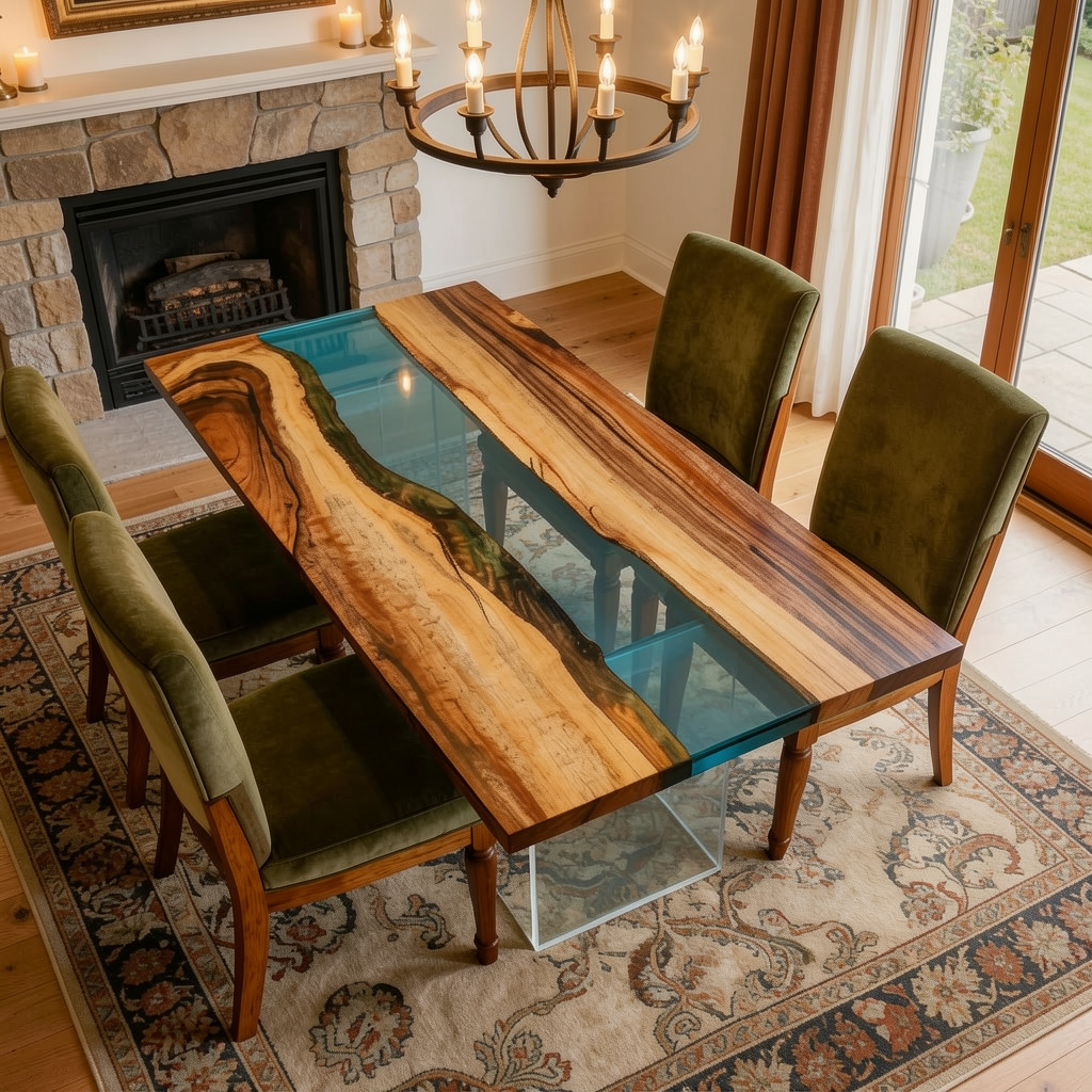 Walnut Wood Transparent Blue Epoxy Dining Table 30"W x 93"L Thickness 1.8"