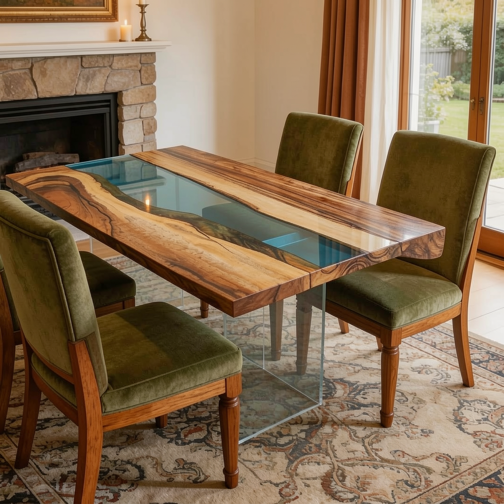 Walnut Wood Transparent Blue Epoxy Dining Table 30"W x 93"L Thickness 1.8"