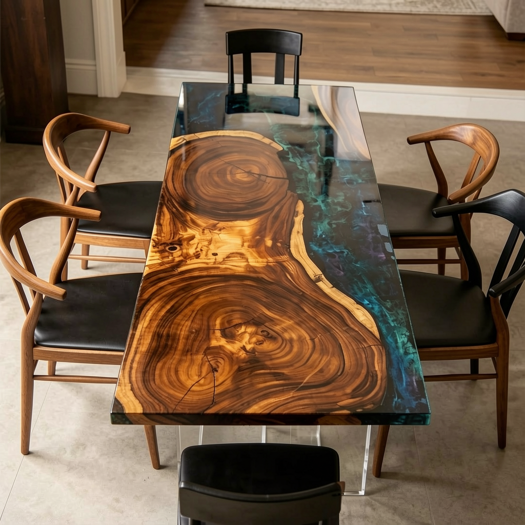 Black Walnut Wood Sky River Resin Table 35“W x 79"L Thickness 1.8"
