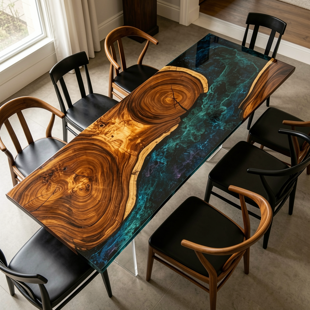 Black Walnut Wood Sky River Resin Table 35“W x 79"L Thickness 1.8"