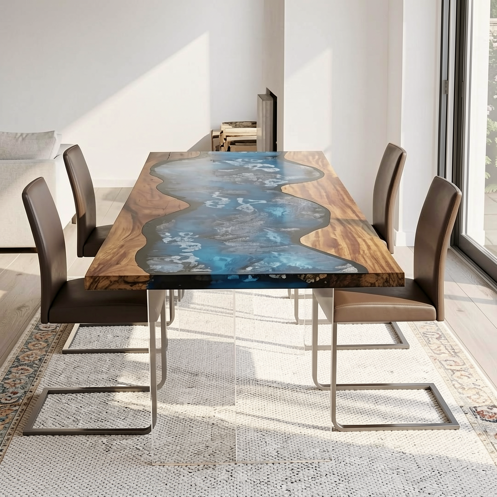 Walnut Wood Blue Lagoon Epoxy Resin Coffee Table 30“W x 71"L Thickness 4"